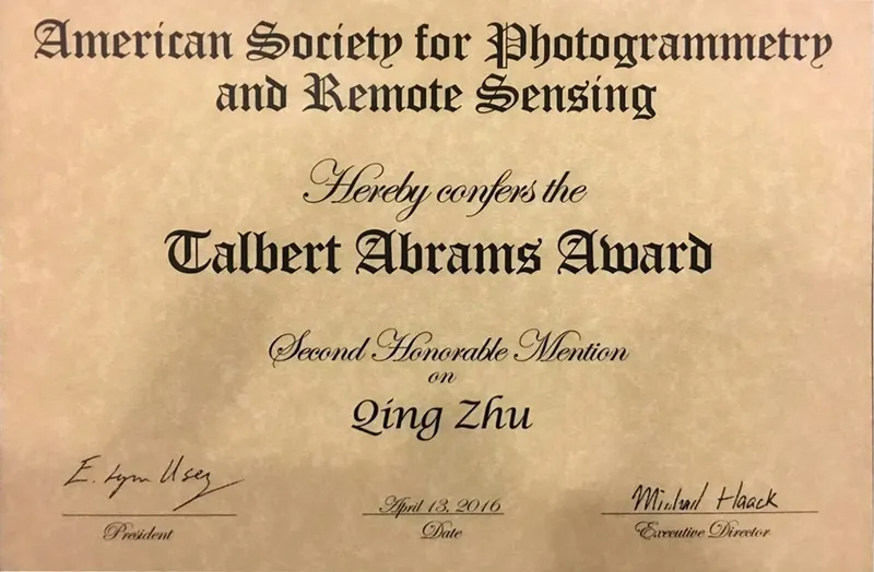 VGE小组论文荣获2016年度ASPRS学会塔尔伯特•艾布拉姆斯奖