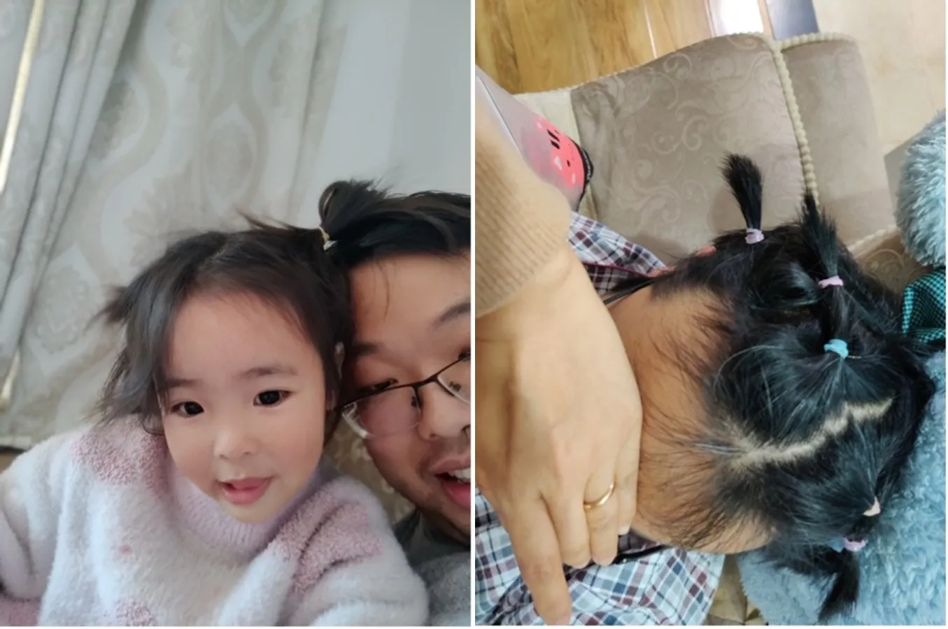 (c) 2岁的胡若水在武汉封城,尝试给4个月没理发的爸爸梳辫子